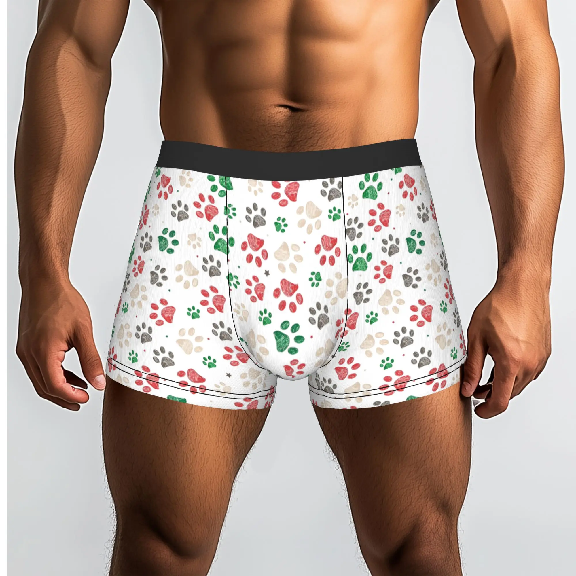 Custom Male Fashion Christmas Paw Print Underwear  Boxer Briefs Breathable Shorts Panties Underpants