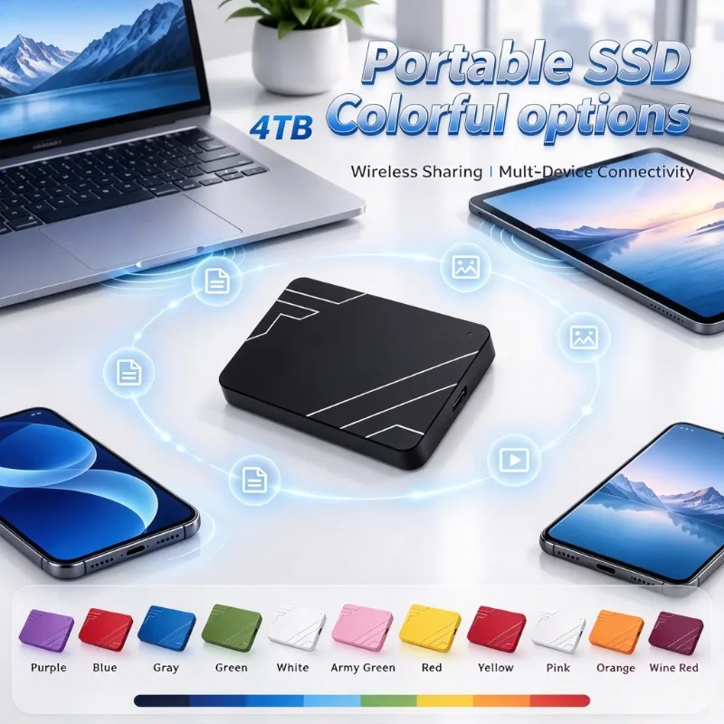 SSD portátil sem fios de 4 TB, unidade de estado sólido externa, conexão para vários dispositivos, armazenamento de grande capacidade para portátil, telemóvel e tablet, disponível em várias cores.