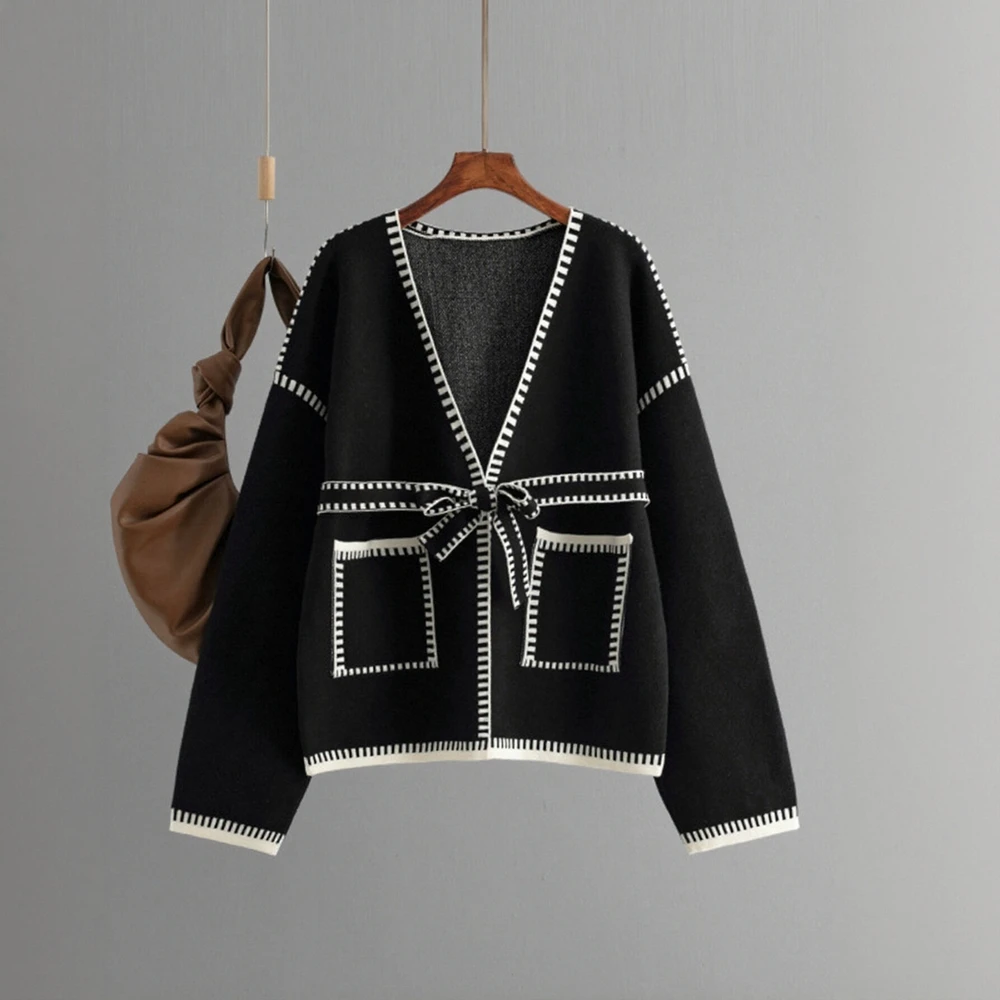 

Женский вязаный кардиган с длинным рукавом, повседневная мода, свободный крой, осень-зима, новый дизайн с карманами на талии и шнуровкой