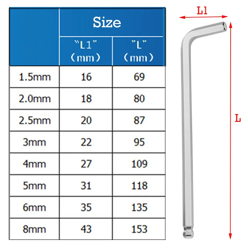 1 Stück Inbusschlüssel 1,5 mm 2 mm 2,5 mm 3 mm 4 mm 5 mm 6 mm 8 mm Kugelkopf Sechskantschlüsselschlüssel L-förmiger Schraubenschlüssel Handreparaturwerkzeuge – Detail 6