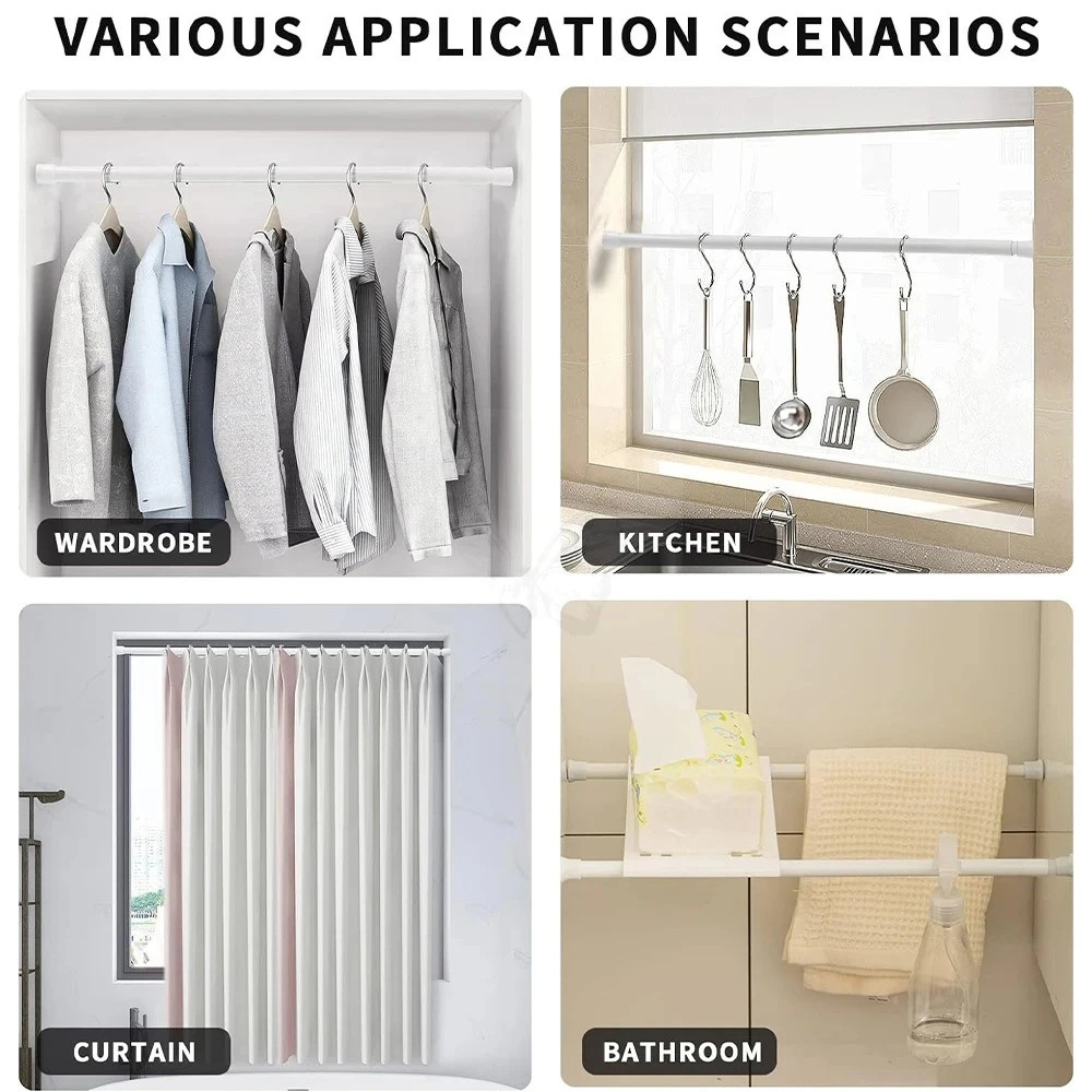Spring Tension Curtain Rods Durable Adjustable Length Hanging Extendable Telescopic Poles for Bathroom Kitchen Cupboard No Drill view 3