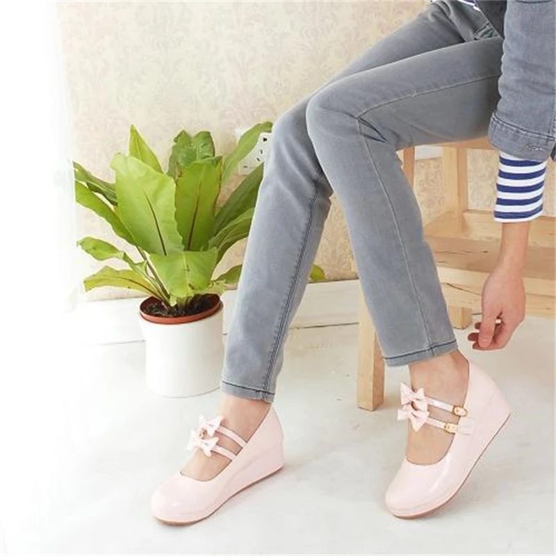 Sweet Lolita Shoes Round Head Muffin Heel Shallow Mouth Women Shoes Bowknot Kawaii Shoes