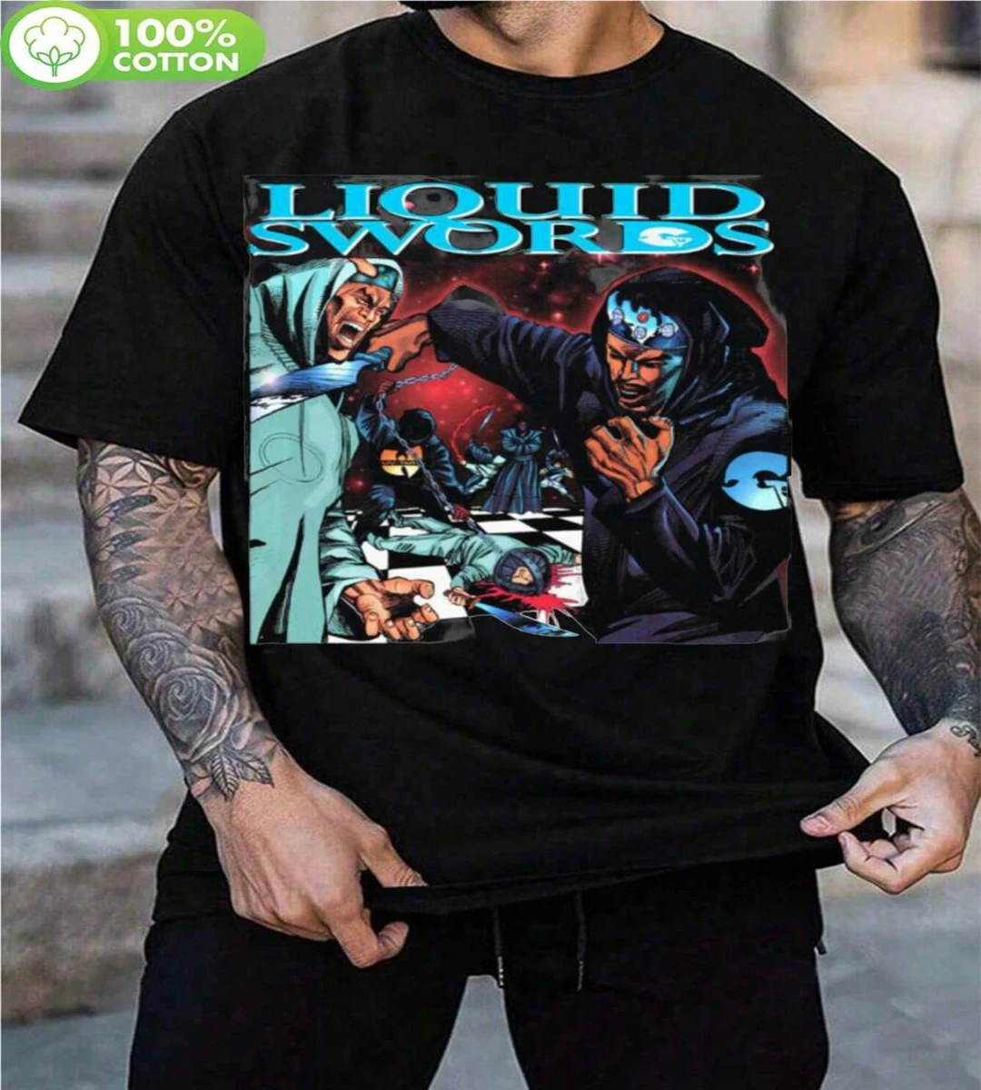 Liquid Swords Album Hip Hop Rap Gza Graphic T-Shirt - Black Tee with Vibrant Comic-Style Artwork, Regular Fit