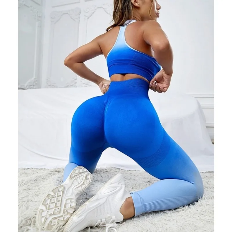 Krisnanas Gradient Women's Pants Sets U Neck Tanks Top Hip Lifting Skinny Leggings Smooths Sporty New in Matching Sets 116863