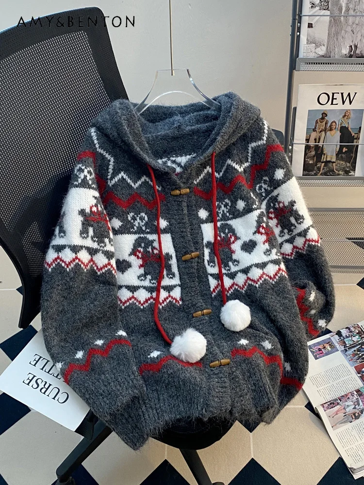 

2025 Autumn Winter New Gray Horn Button Hooded Sweater Coat for Women Thickened Cartoon Embroidered Knitted Cardigan