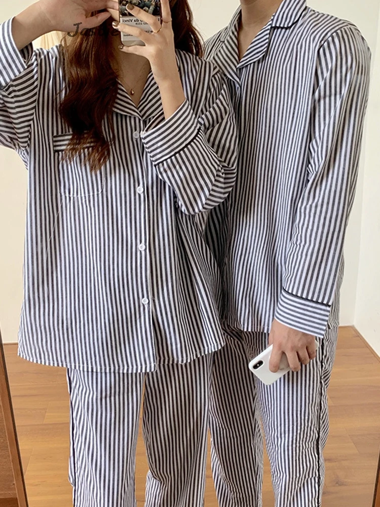 Simple Fashion Casual Striped Cotton Pajamas Suit Couple Wear Spring Long Sleeve Shirt Straight Pants Sets For Women 2 Pieces