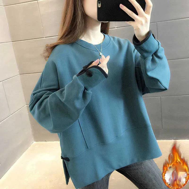 

Fashion O-Neck Spliced Button Slit Casual Sweatshirts Female Clothing 2023 Winter Loose All-match Tops Korean Warm Sweatshirts