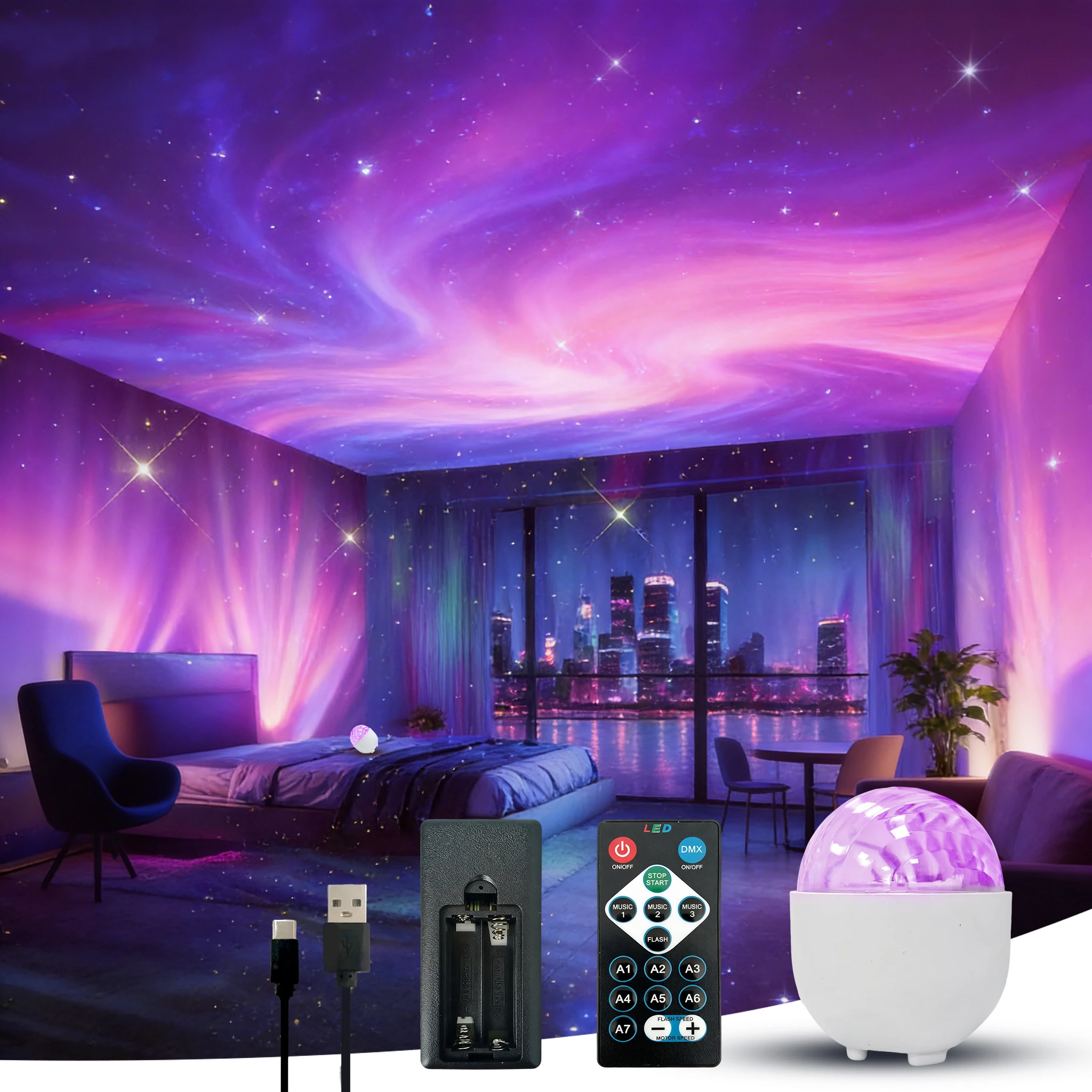 LED Starry Sky Projector Wave and Nebula Night Light Rotating Star River Atmosphere Light USB Bedroom Light Romantic Decoration