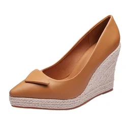 New Wedge Heel Thick Sole High Heel Shallow Mouth Single Shoes for Women Thick Heel Woven Straw Rope Sole