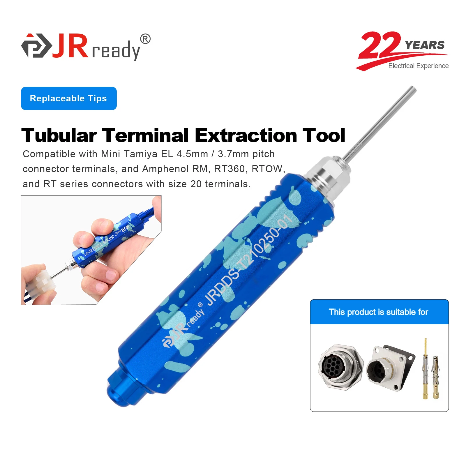 JRready  JRDDS-T210250-01 Tubular Terminal Extraction Tool​ Suitable for Amphenol RM, RT360, RTOW, RT Series 20# Terminals