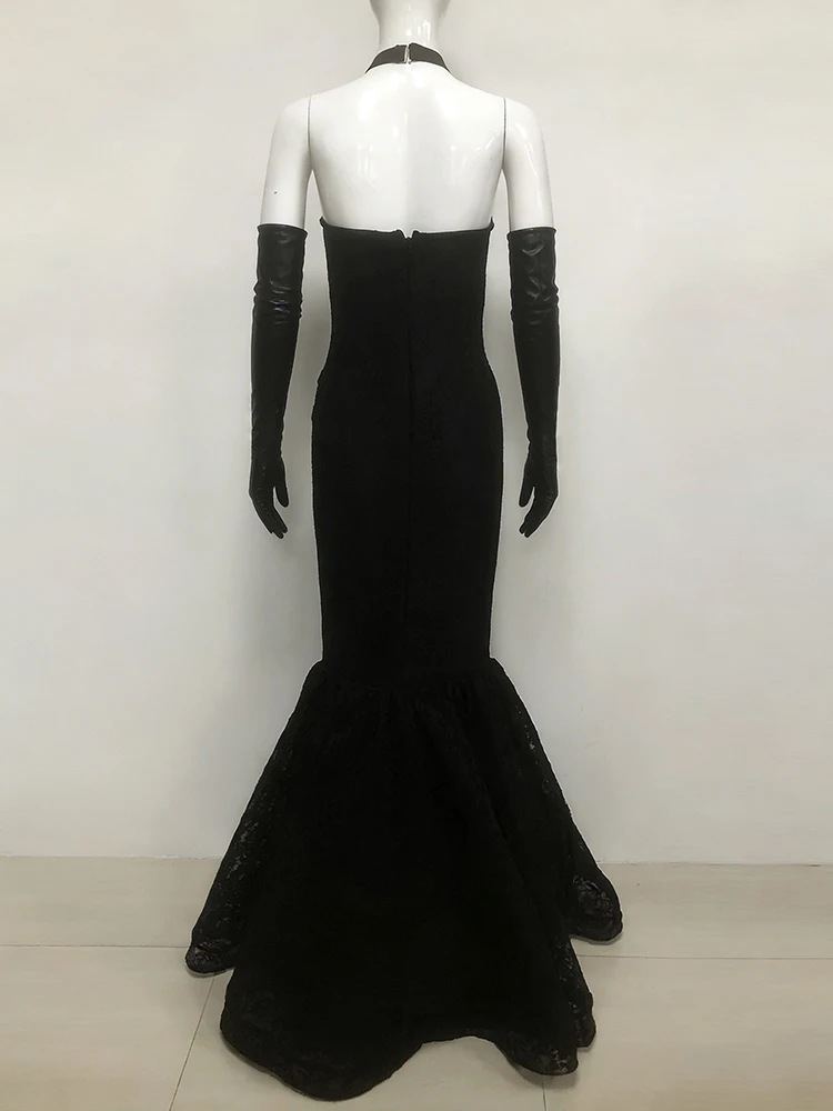 Vestido de noite feminino VC de renda preta sereia – vestido espartilho recortado com decote halter e cauda dramática Vestidos de festa formais de luxo