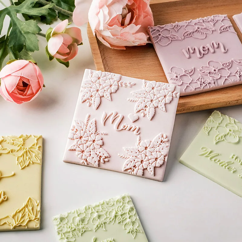 Acrylic Mother's Day Embossed Mold English Blessing Love My Mom Flower Pattern Embossing Press Mold DIY Fondant Biscuit Mould