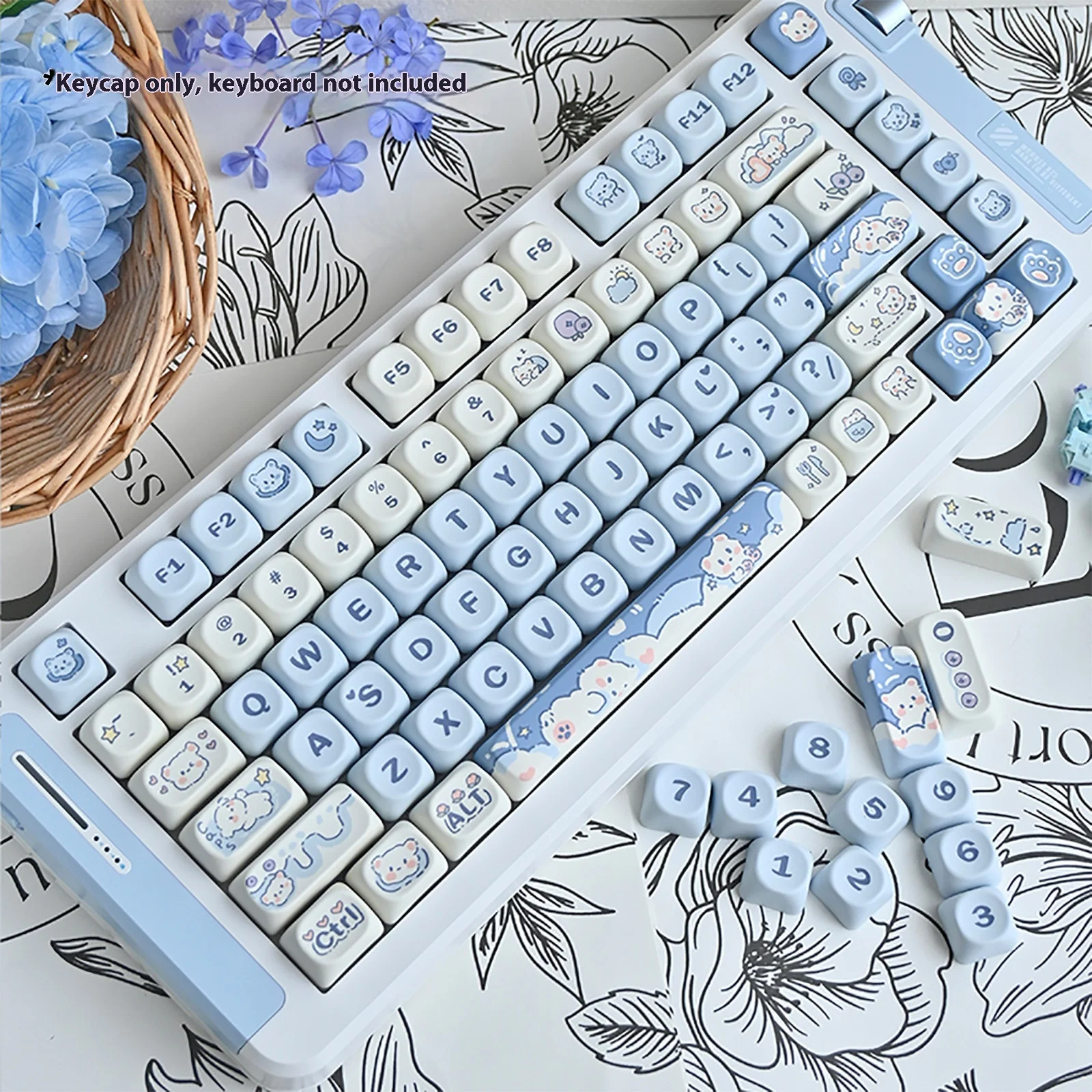 Imagem -05 - Boné de Teclado Mecânico Faça Você Mesmo Ursinho de Pelúcia Bonitos e Elegantes Keycaps Desenhos Animados Azuis Moa Alta Sublimação Térmica Tecla 75 98