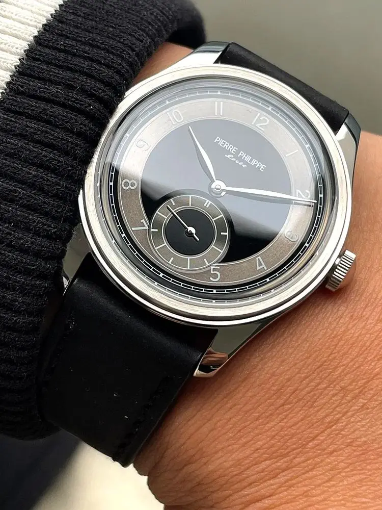 High-end heren 38MM horloge zwart geëmailleerde wijzerplaat ST17 handmatig mechanisch horloge leer waterdicht - afbeelding 2