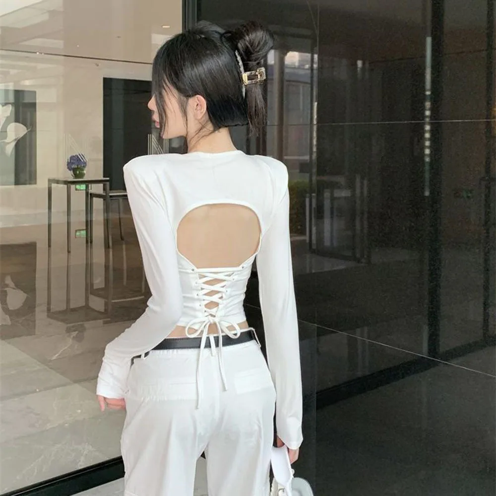 

Женская футболка с открытой спиной, однотонный облегающий Топ с длинным рукавом, модная ажурная футболка на шнуровке в Корейском стиле