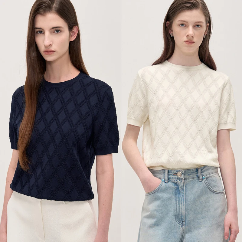 

Женский вязаный свитер Ele Floral Knit с коротким рукавом, свободного кроя, с круглым вырезом, ажурным узором, весна-лето, два цвета, для повседневной носки