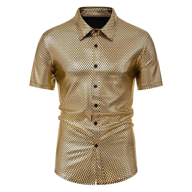 Men Shirt Summer New Men's Disco Clothing Diamond Hot Stamping Printed Short Sleeved Button Up Shirt  Summer Sale