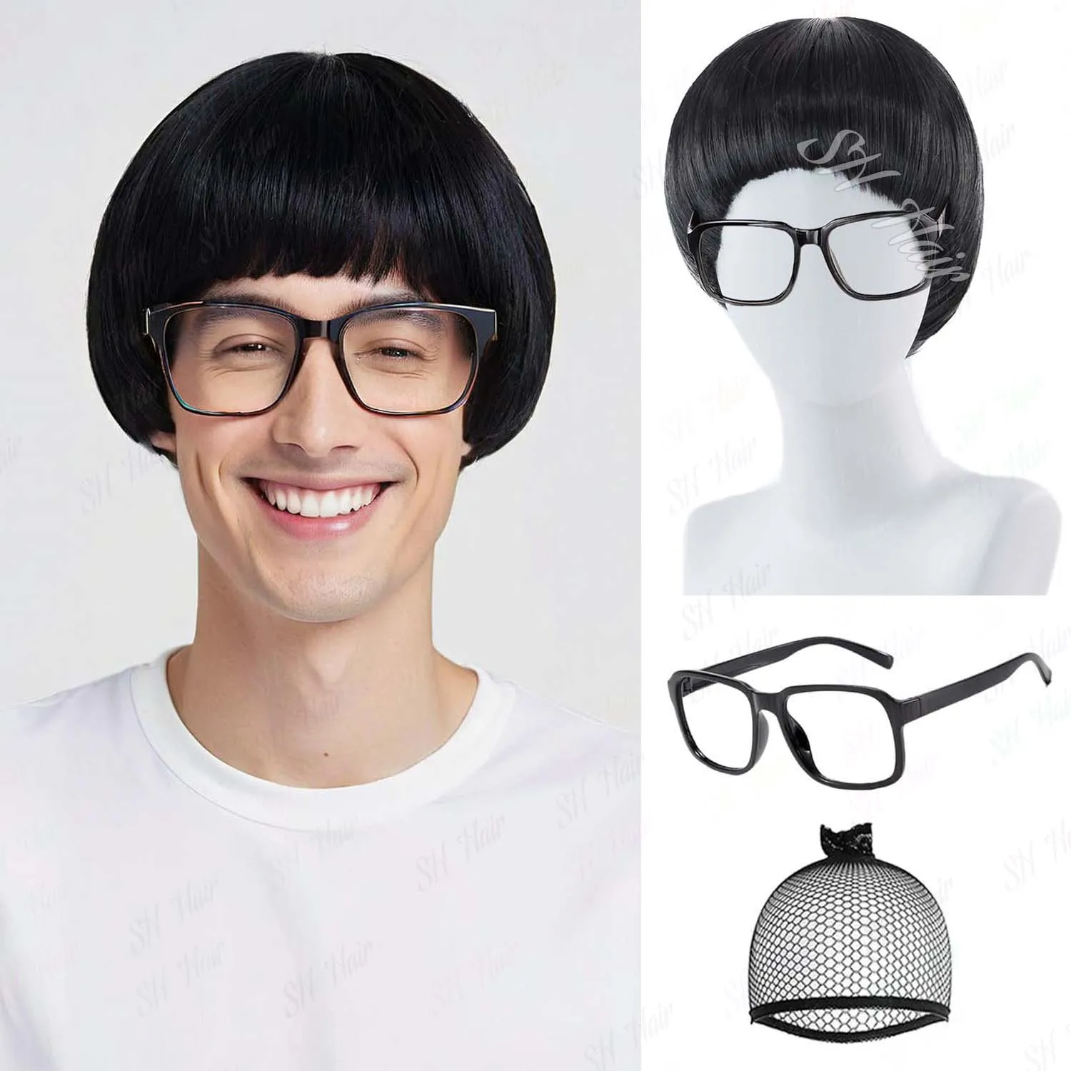 Peluca sintética negra/marrón con forma de seta para hombre + gafas, peluca Unisex de corte de tazón de los años 60 con flequillo para personajes de películas de Anime, Cosplay de Halloween