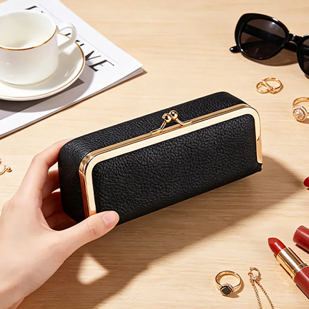 Long makeup & glasses case, built-in snap pocket, holds lipstick, jewelry & sunglasses, multifunctional portable for travel.