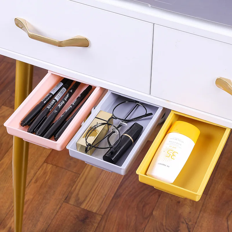 Boîte de rangement pour stylo de maquillage sous le bureau, partenaires adhésifs cachés, papeterie de bureau carrée