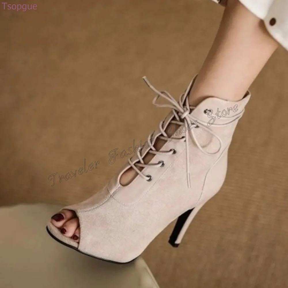 

Apricot Lace up Peep Toe Boots Stilettos High Heels Ankle High Heel Shoes for Women Fashion Heels 2024 New Zapatos Para Mujere