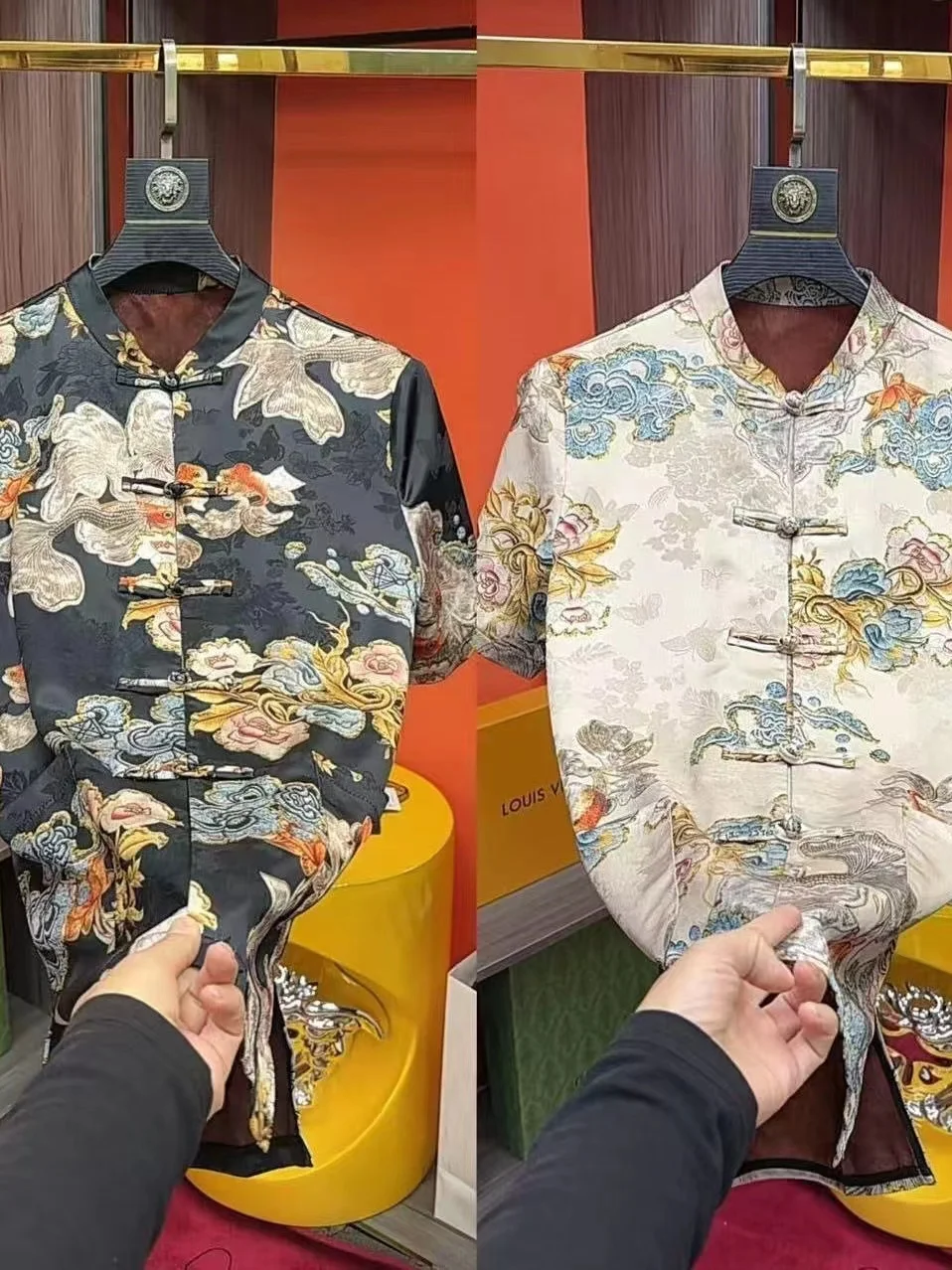 

Summer New Chinese Style Tang Suit Short Sleeve Men's Retro Trendy Print Stand Collar Button up Casual Top Polyester Fiber