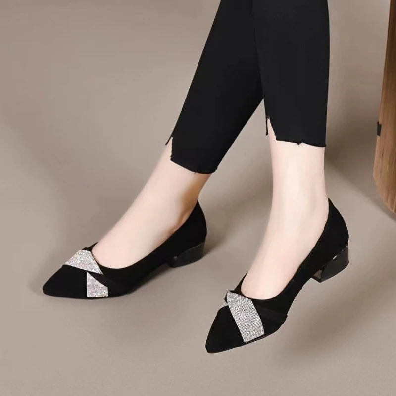 

Women Shallow Cut Pointed Toe Slip On Shoes Square Heel Rhinestone Suede PU Low Top Low Heel 1-3cm Non Slip Shoes