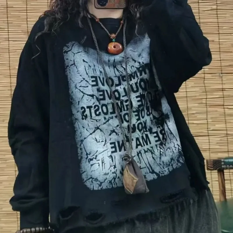 

Толстовка с потертыми отверстиями в стиле ретро, осенняя новая свободная футболка с длинными рукавами, повседневный топ с круглым вырезом
