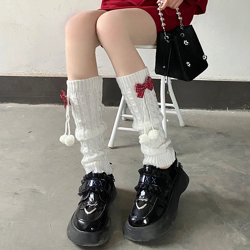Knitted Leg Warmers Women's Cotton Cloth Geometric Pattern Moisture Wicking Calf Socks Christmas Warm Bow Red Spring and Autumn