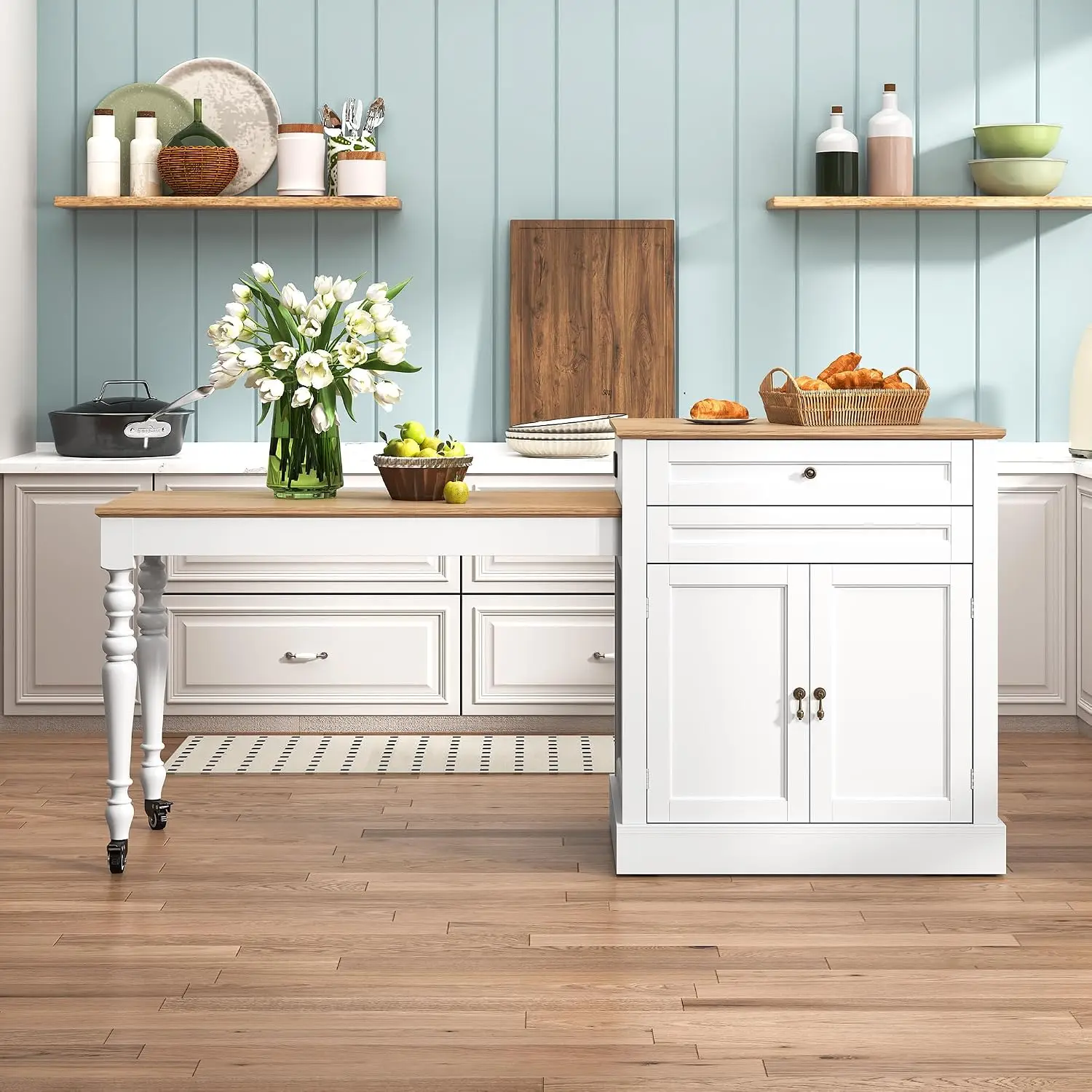 Kitchen Island with Extendable Table for 2-4, Power Outlet & Storage, Slide Out Legs, Rolling Cart with 2 Doors, Customized