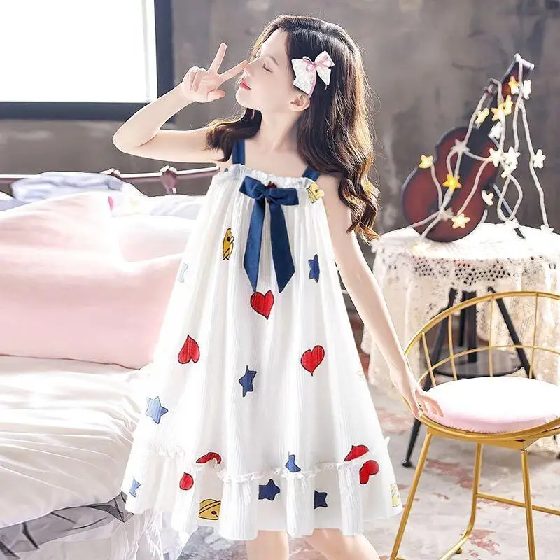 Kawaii Casual2026 New Summer Cotton Bow Spaghetti Strap Sweet Cute Girls Sleep Dress Pajamas for Teen Student Girls Home Wear