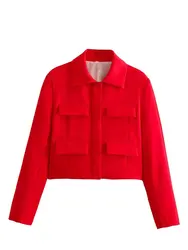 HH Spring Jacket For Women Slim Cropped Coat Elegant Solid Long Sleeve Jacket Front Flap Pocket Outerwear Fashion Streetwear