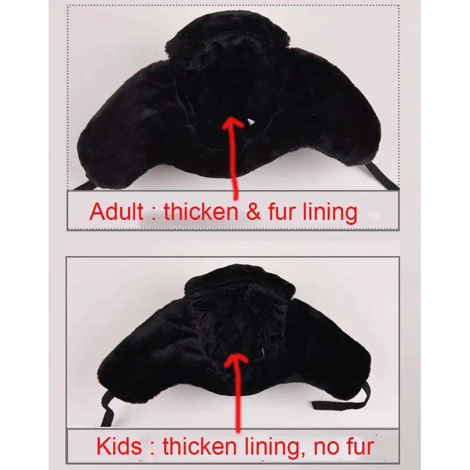 Mens Boys Winter Hat Red Star Label Aviator Ski Bomber Cap Trapper Ear Flaps Black Russian Hat for Parent-child Fluffy Faux Fur