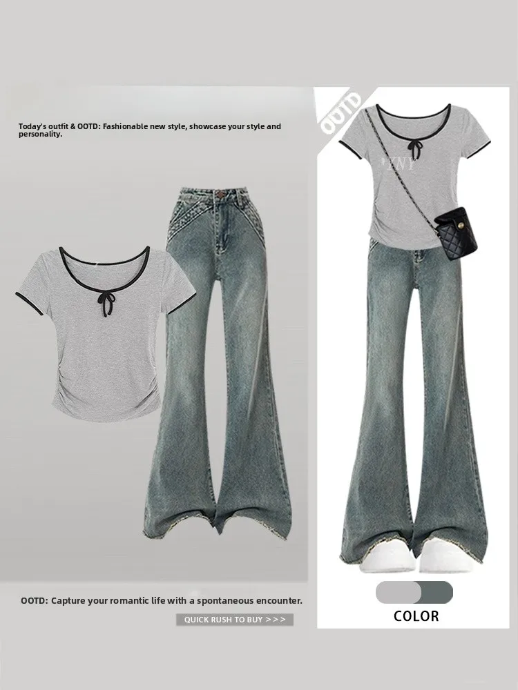 

Летний женский комплект Faion, новинка 2025, одинаковый комплект Sle Personali с джинсами Bell Bot, полиэфирное волокно ort Sve, круглый Ne