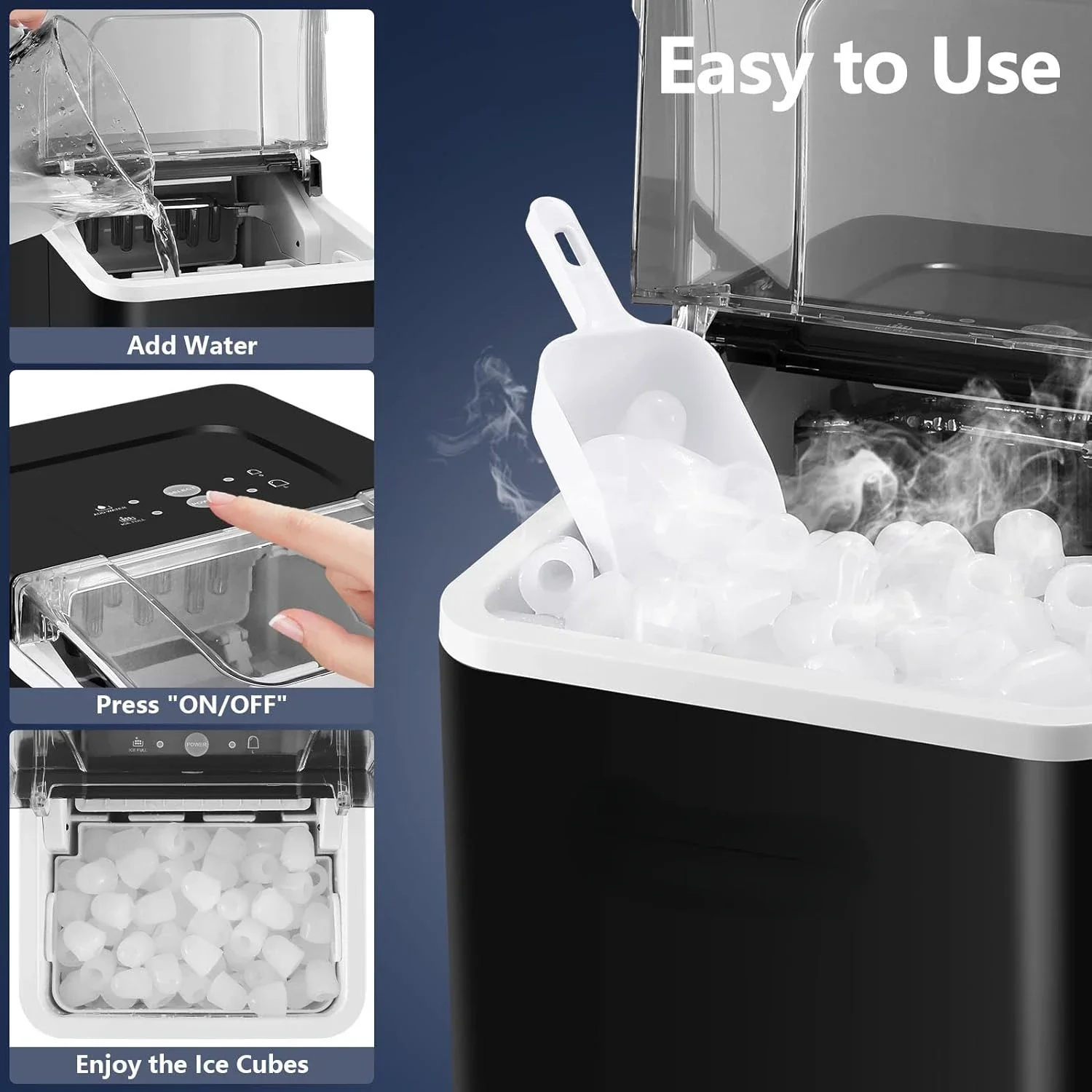 Eficiente auto-limpeza Ice Maker com Ice Scoop e Basket, Countertop Ice Makers, 9 Ice Ready em 6 Mins a 8 Mins, 26.5 lbs/24 Horas Ice M