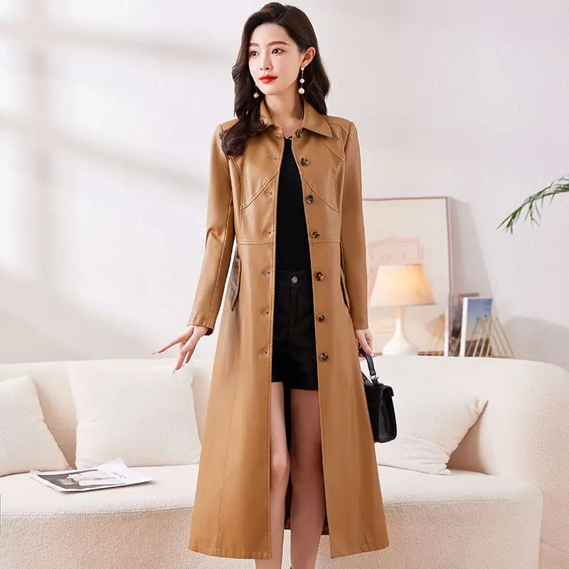 New Autumn Plus Size Long Leather Jacket Women Winter SheepSkin Windbreaker Lady Spring Outerwear Ladies Slim Trench Coats