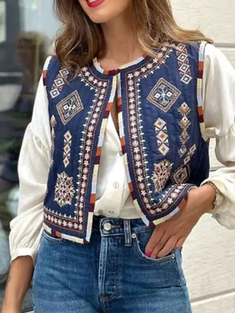 HH Summer Autumn Women Fashion Vests Floral Embroidery Cardigan Vintage V Neck Short Female Casual Waistcoat Elegant Tops