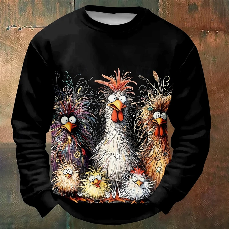 

Funny Chicken Graphic Sweatshirts For Men Fashion Spring Autumn Long Sleeve 3D Animals Printed Pullovers Loose Crew Neck Tops