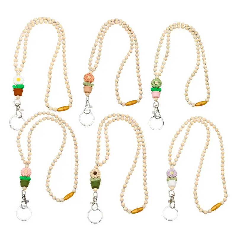 

Teacher Lanyard With ID Holder Wood Beaded Flower Lanyard For Keys Cute Fashion Boho Flower And Wood Bead Lanyards For Women