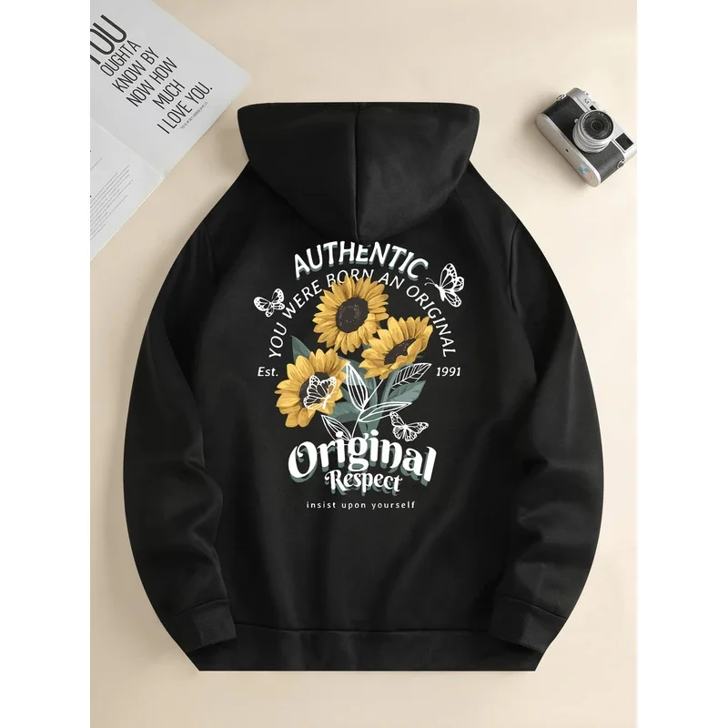 

Men's new fashion hoodie, casual daily drawstring hooded sweatshirt, Sunflower Print, front kangaroo pocket, men's jacket