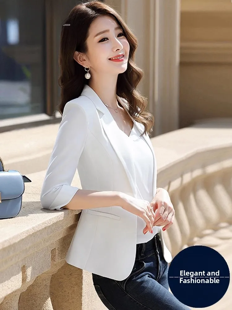 

White Casual Thin Summer Suit Jacket for Women Short Seven Sleeve Commute Style Polyester Fabric Button Detail Office Wear