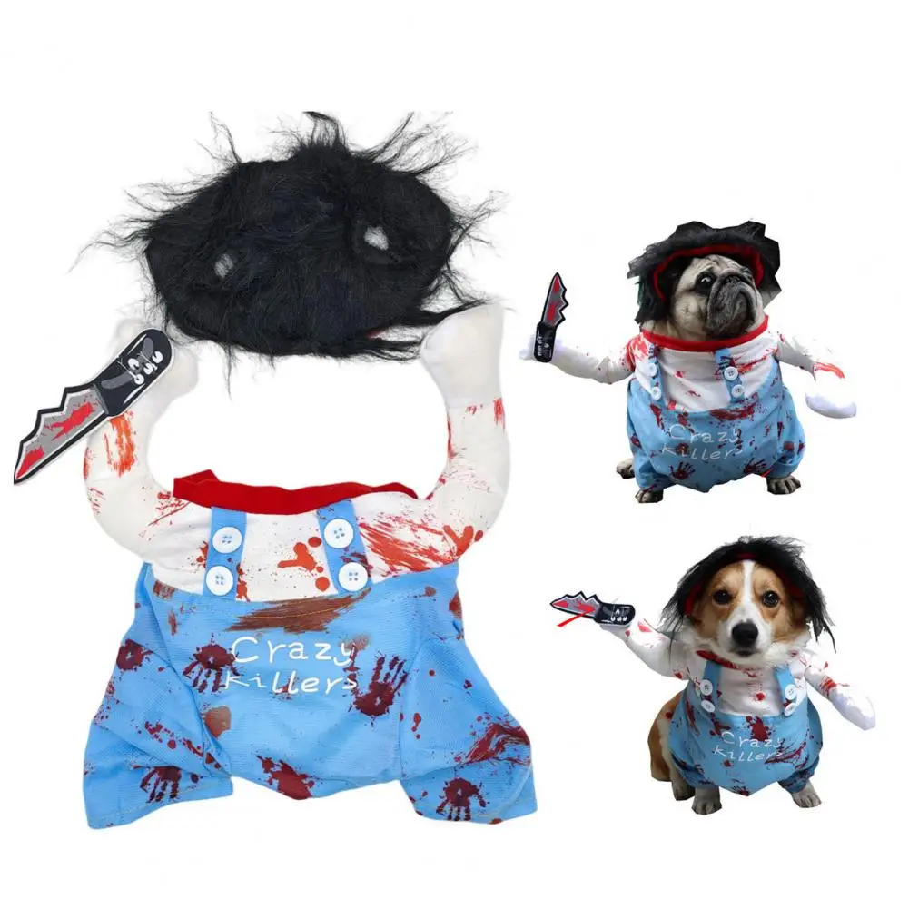 

High Pet Clothes Pet Transformation Outfit Funny Chucky Dog Costume with Pattern Wig Knife Halloween Outfit for Pet Apparel