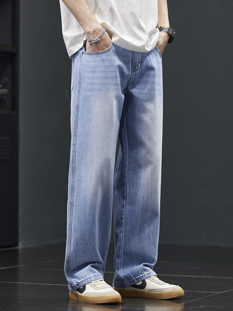 

Американские ретро-джинсы светло-голубого цвета из хлопка, мужские, свободного прямого кроя, весна-лето, новые, с вышитыми манжетами, повседневные брюки