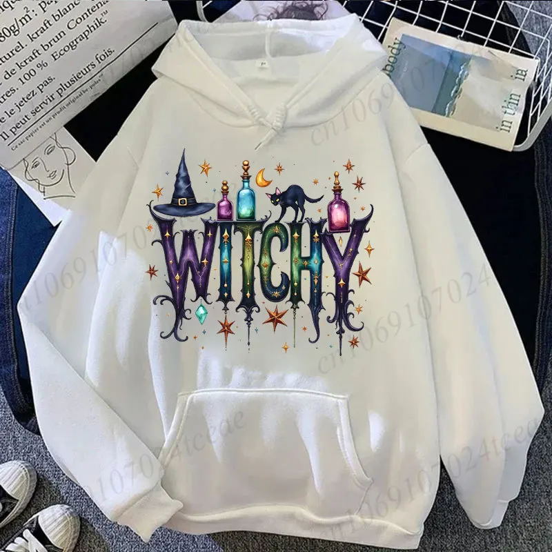 Women's Witchy Graphic Hoodies Halloween Witch Hat Black Cat Moon Sweatshirts Casual Witch Party Tracksuits Spook Season Shirts