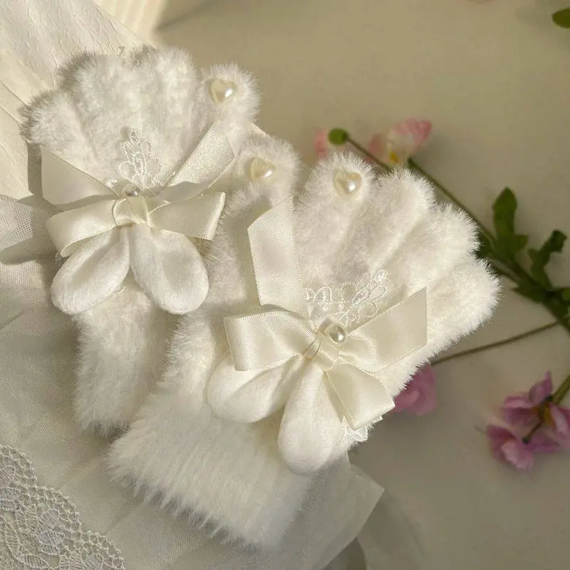 Original Handmade Cute Sweet Lolita Lace Beads Cartoon Rabbit Gloves Girl Bow Rabbit Ears Split Fingers Gloves Thickened Warm