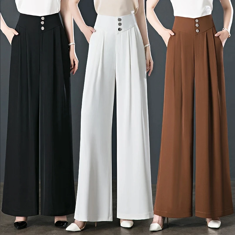 

2025 New Wide-Leg Pants Female Spring Summer Korean All-Match Elegant Thin Pants Ladies Loose High Waist Casual Trousers Women