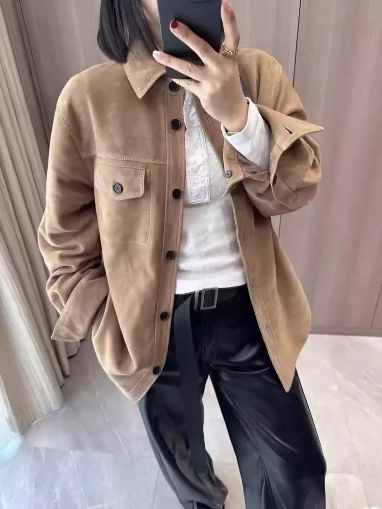 Giacca camicia casual in vera pelle vestibilità ampia da donna monopetto primavera autunno manica lunga pelle scamosciata di pecora cappotto di media lunghezza