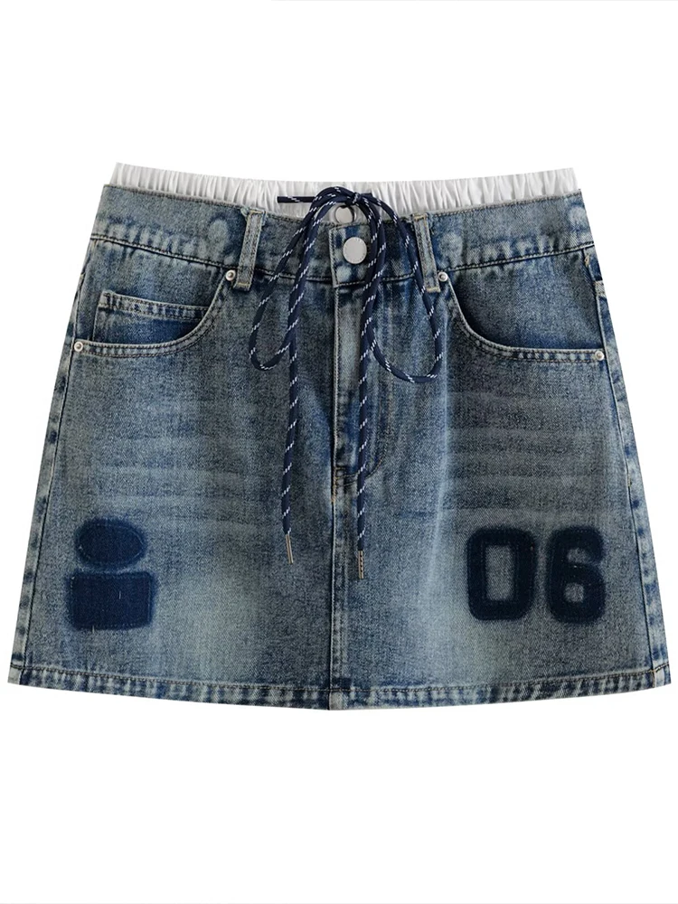 

European style new women's fashion all-match simple contrast color digital stitching waist denim skirt