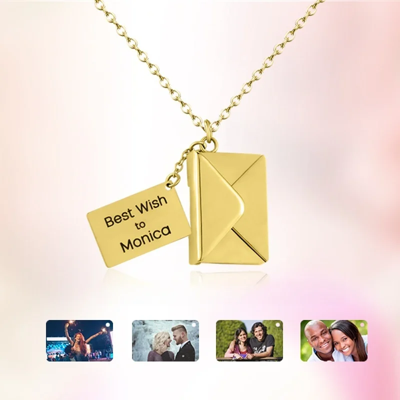

2025 Stainless steel envelope necklace can be engraved with engraved photo necklace Valentine's Day gifts