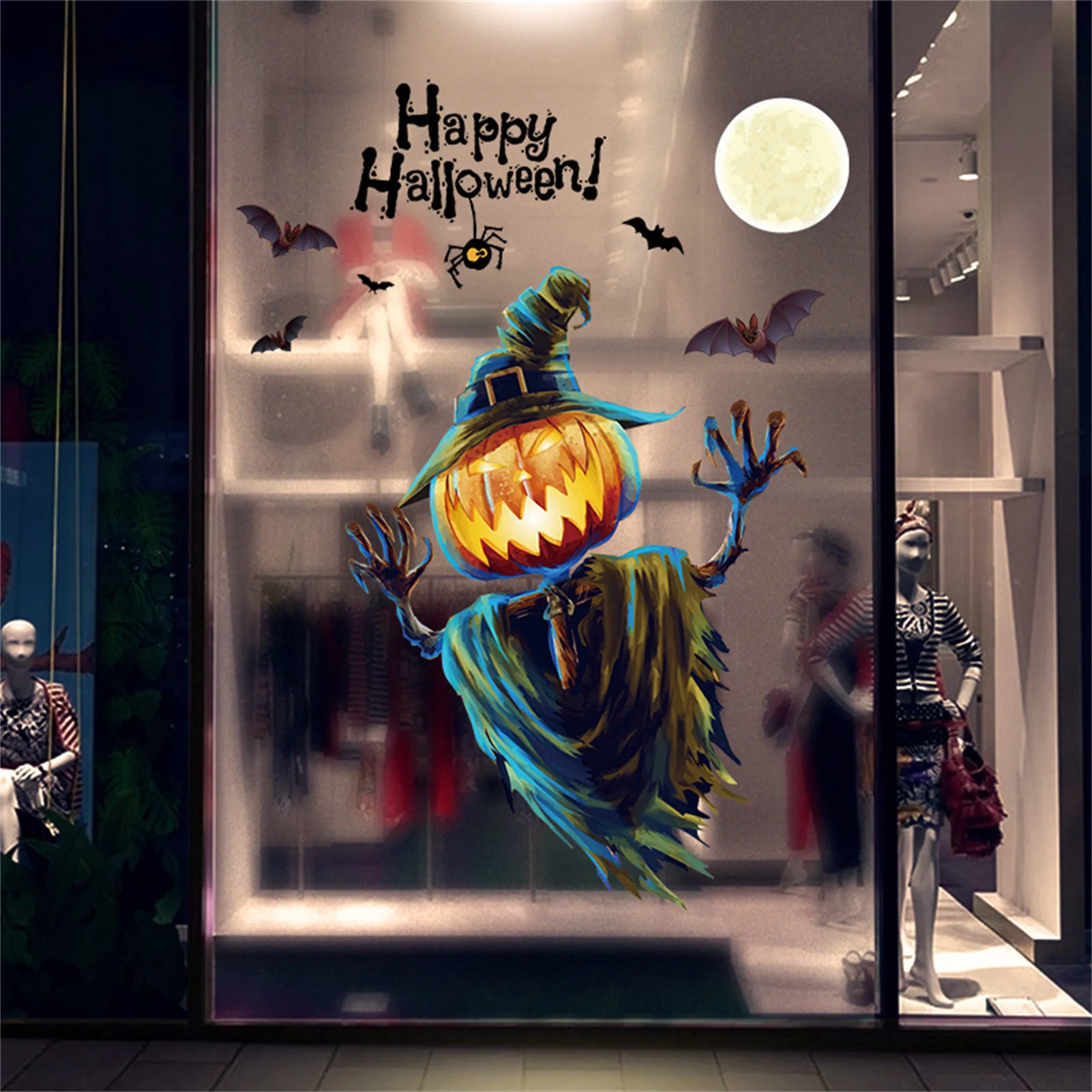 Wall Decals 3D Pumpkin Head Scarecrow Halloween Wall Sticker Removable Window Clings For Halloween Party Decoration